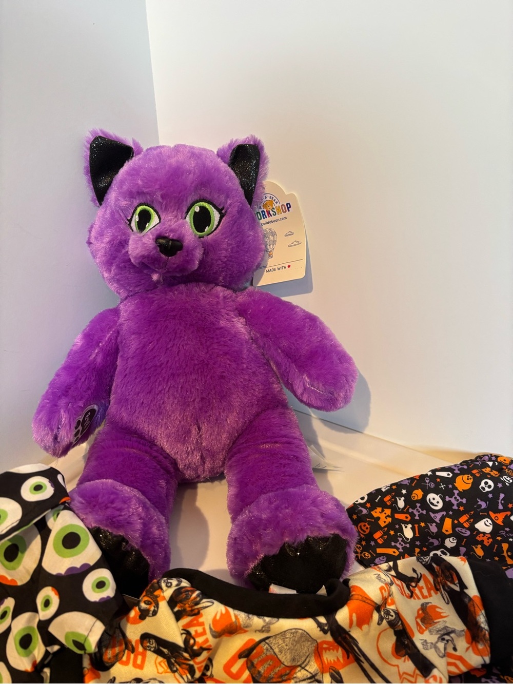 Build-A-Bear Halloween Purple Kitty with three Halloween Build-A-Bear outfits